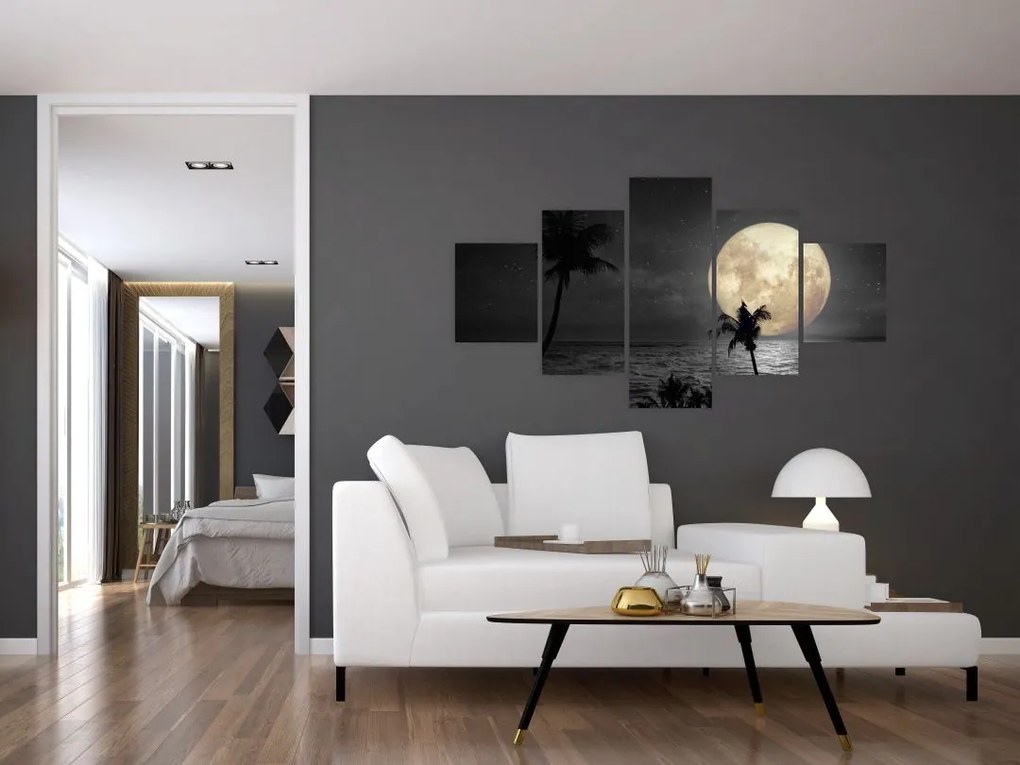Obraz - Plaża pod pełnią księżyca w odcieniach szarości (125x70 cm)