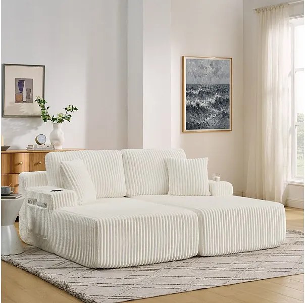 Modułowa 2-osobowa leżanka z prążkowanego weluru, z uchwytem na kubek, 186x154x78cm, Beżowy
