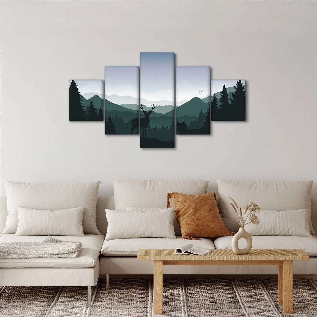 Obraz - Jeleń z wilkiem w skałach (125x70 cm)