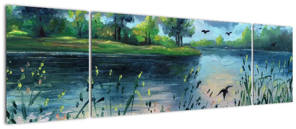 Obraz - Obraz olejny, Wczesny letni wieczór nad jeziorem (170x50 cm)