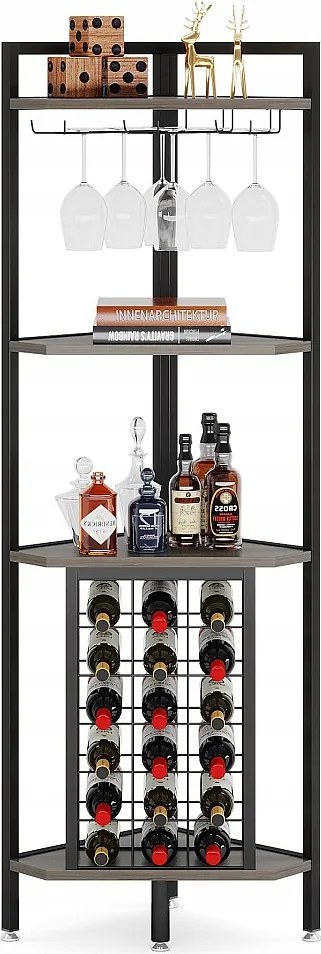 Stojak na wino, narożna półka na wino z uchwytem na kieliszki i półkami do przechowywania, stojak na butelki wina do barku, kuchni, jadalni, szary