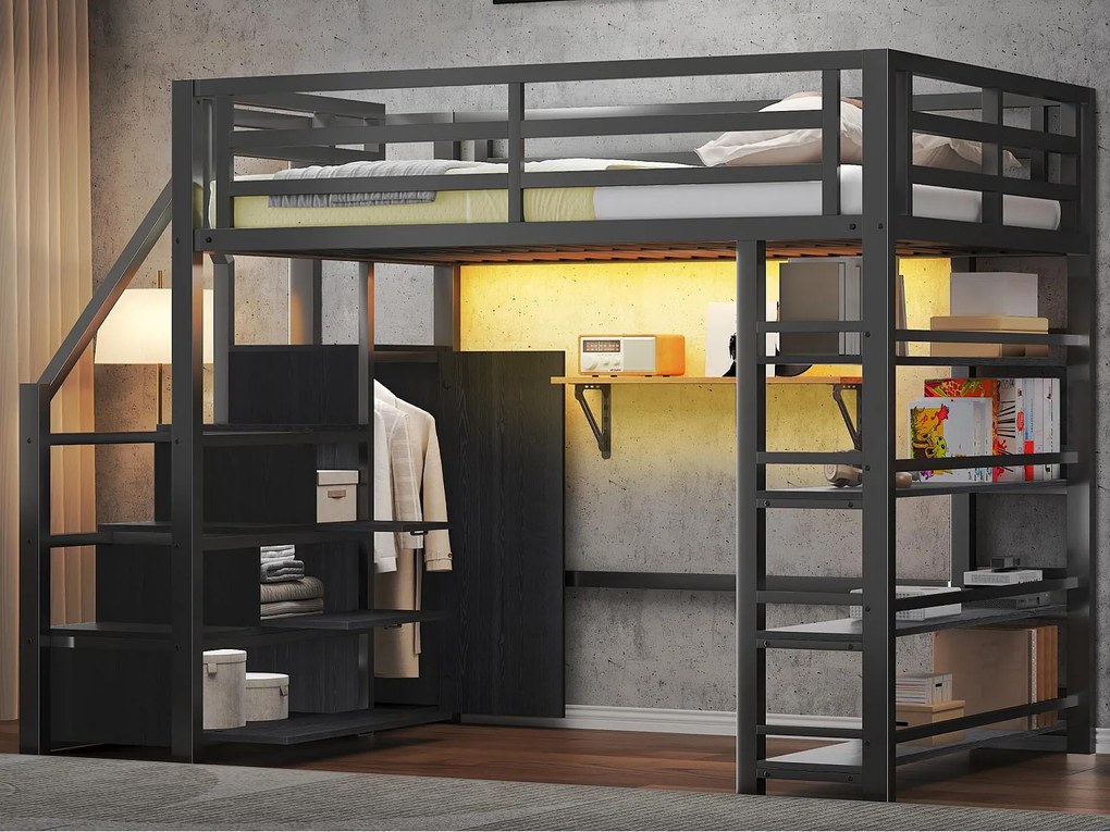 Łóżko na antresoli metalowe 140x200cm - z LED - drabina z pojemnikami - z szafą i półkami - Czarny​ (bez materaca)