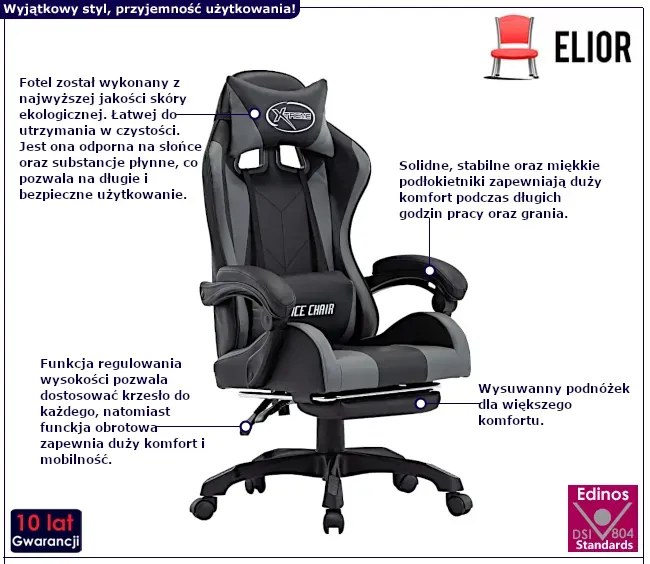 Czarno-szary fotel gamingowy z podnóżkiem G1-W16