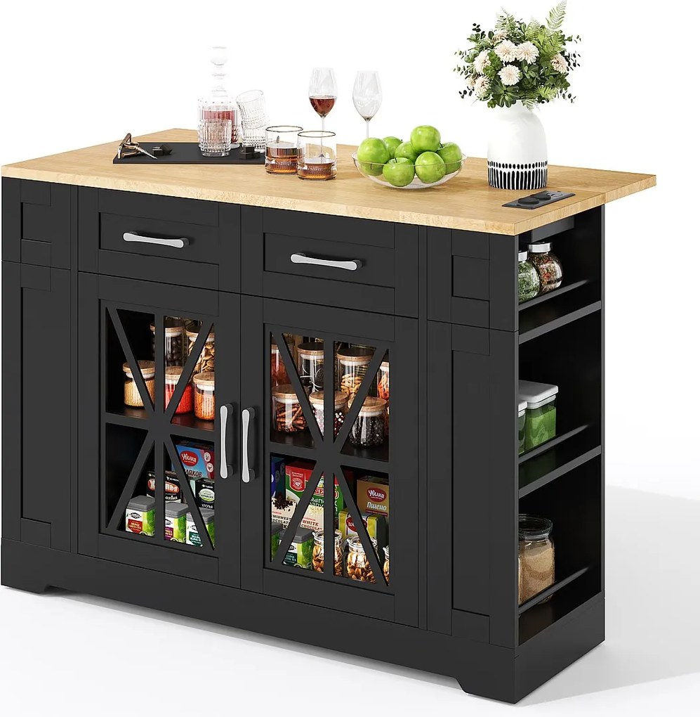 Przenośna wyspa kuchenna - 120 x 40/65 x 92 cm - ze składanym stołem + drzwi szklane + 2 szuflady + gniazdko elektryczne + port USB - MDF - czarny + naturalny