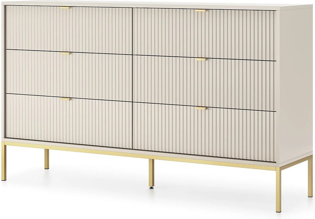Komoda: 6 szuflad, kaszmir, złote nogi, 154 x 39 x 83 cm, złote uchwyty