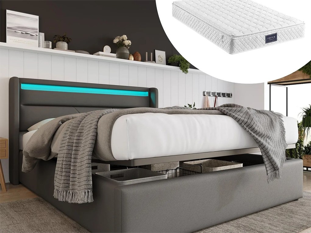 Łóżko ze schowkiem 160 x 200 cm - skóra ekologiczna - diody LED - szare + materac