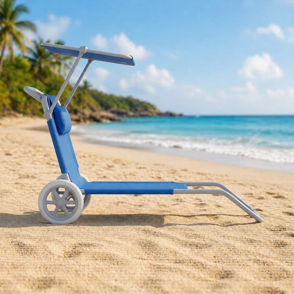 Leżak plażowy Solmare z daszkiem i kołami - składany leżak ogrodowy, niebieski