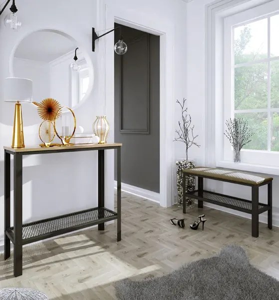 Minimalistyczna konsola z metalowym stelażem czarny + dąb sonoma G4-R49