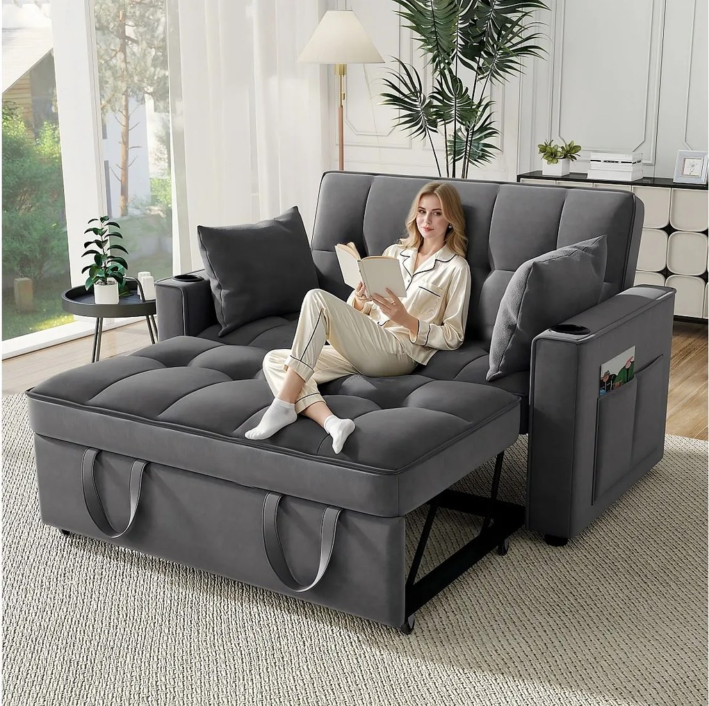 Szara sofa 2-osobowa - rozkładana sofa z uchwytem na kubek i kieszenią do przechowywania - poduszki i kółka