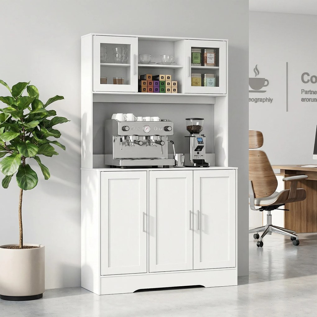 HOMCOM Szafka kuchenna, Design skandynawski, 4 szafki, Regulowane półki, Drzwi ze szkła, Otwarta przestrzeń, Płyta wiórowa, MDF, Biały