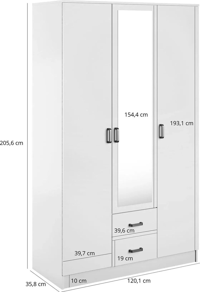Biała trzydrzwiowa szafa z lustrem i szufladami C6-F82