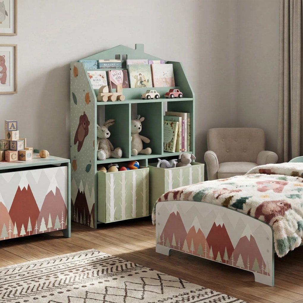 AIYAPLAY Dziecięcy regał na książki z 2 materiałowymi szufladami, dla dzieci w wieku 3-8 lat, 62,5x30x91,5 cm, zielony | Aosom PL