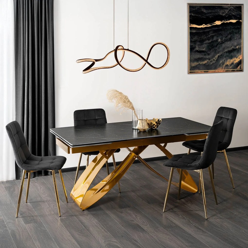 Zestaw Stół Rozkładany LUIGI 160-240 cm Czarny/Złoty i 4 Krzesła Tapicerowane YORK Czarne Glamour