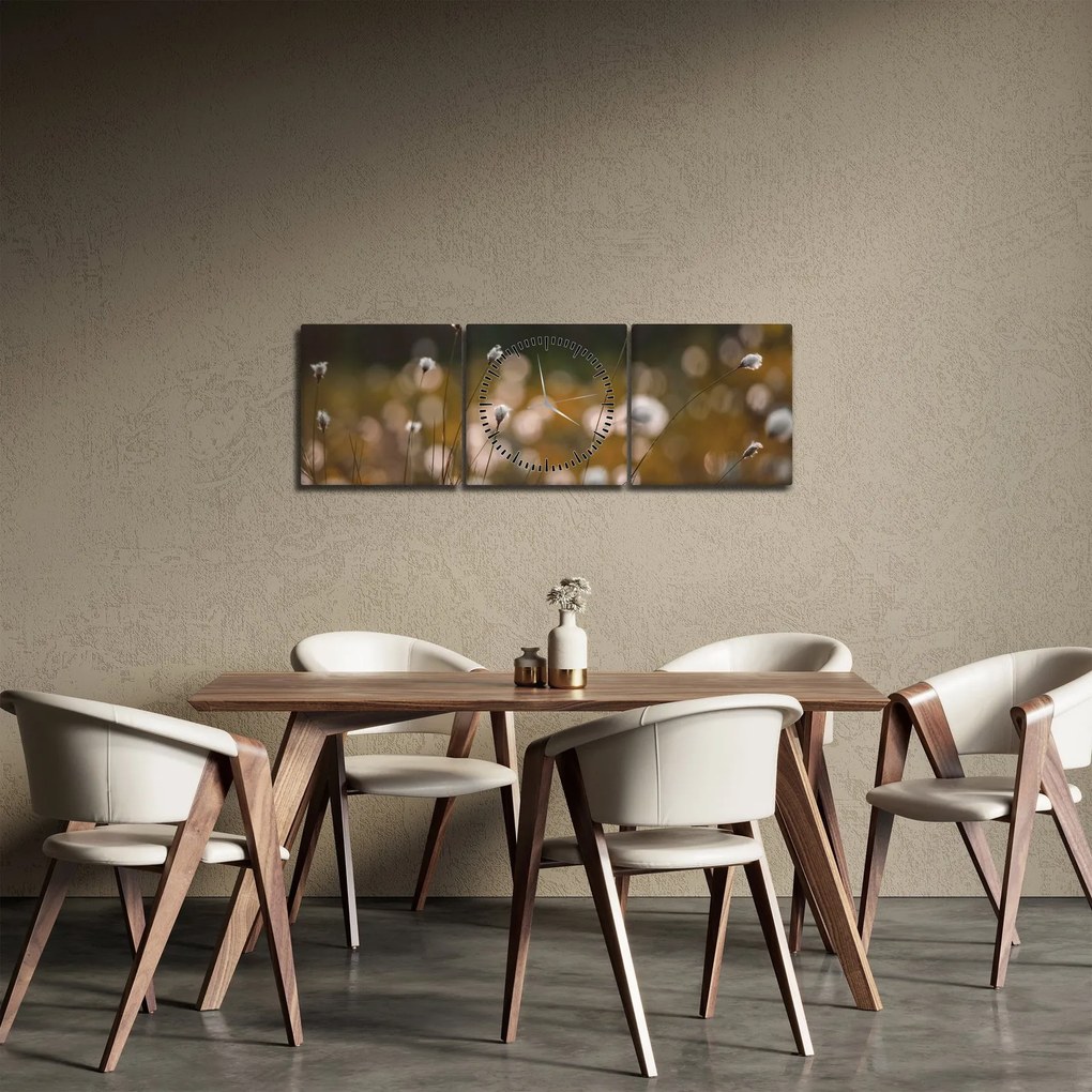Obraz - Łąka z trawą bawełnianą N⁰2 (z zegarem) (90x30 cm)