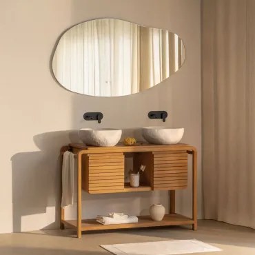 Zestaw Mebli Łazienkowych Z Drewna Tekowego Bradley Nieregularna Dioda Led I Funkcja Przeciwmgielna 140 X 75 Cm Riben & ↔︎ 120 Cm & 2 X - Sklum