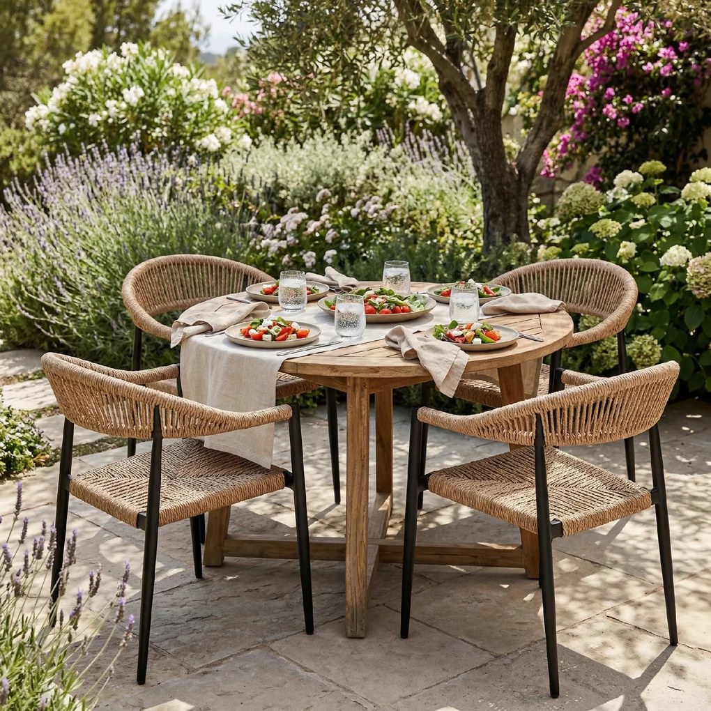 Krzesło Ogrodowe Czarne 56x60x78 cm Plecione Brązowe Sznurki Nowoczesne