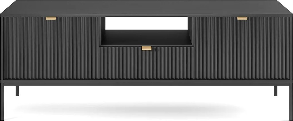 Szafka RTV: 1 szuflada, 2 drzwi, Czarny, Czarny, 154 x 56 x 39 cm, złote uchwyty
