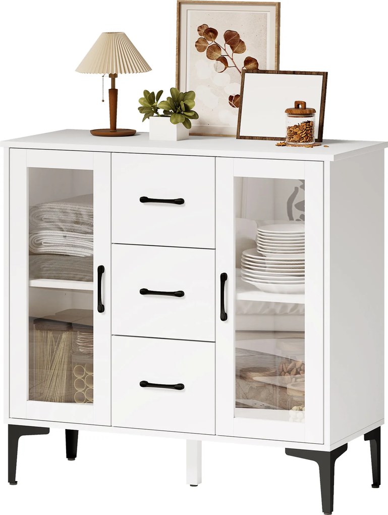 HOMCOM Nowoczesny sideboard z drzwiami z cichym domykaniem, kredens z 3 szufladami i 2 drzwiami ze szkła, regulowane półki, MDF, biały