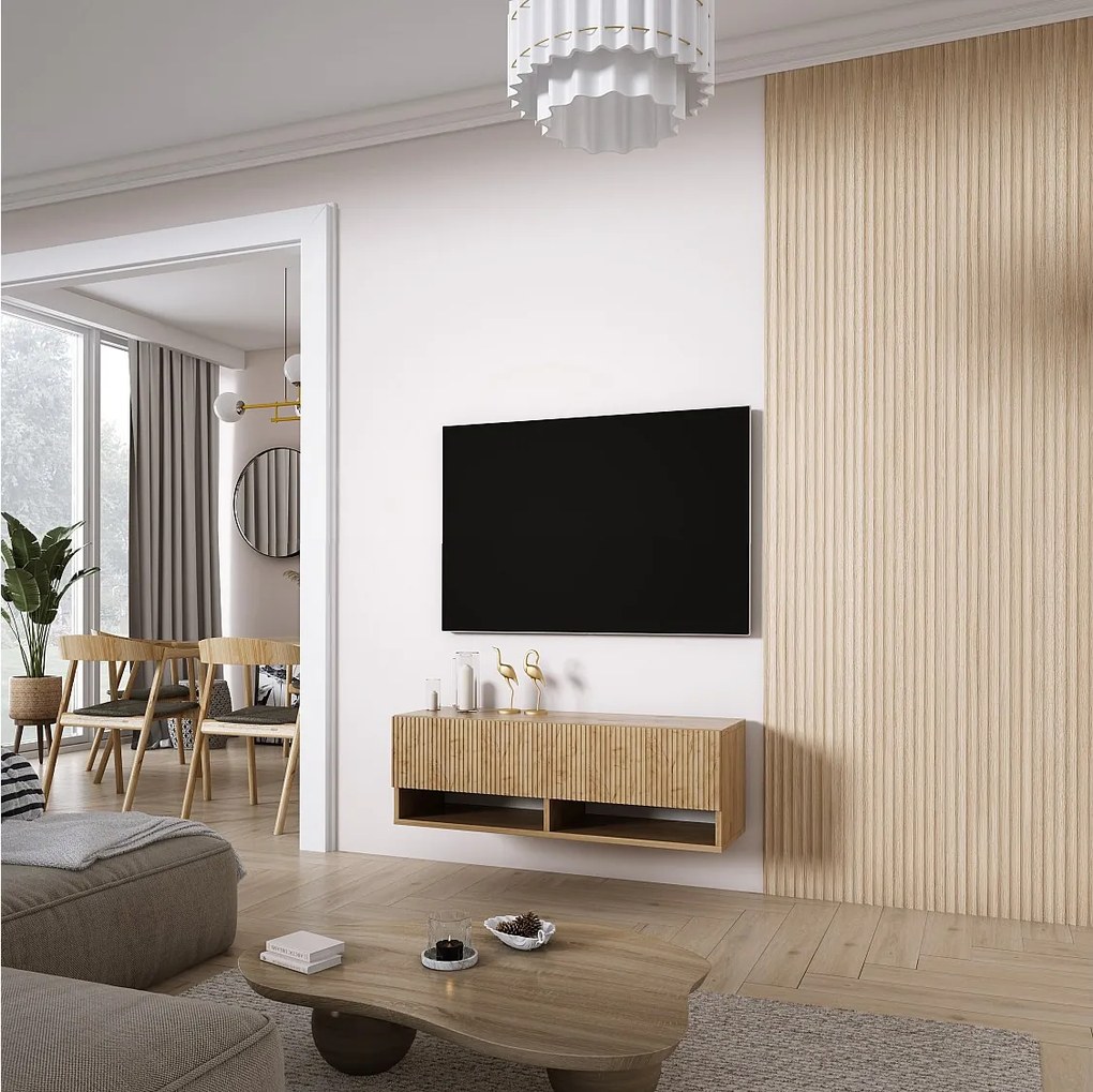 Szafka pod telewizor z ryflowanym frontem 100, Dąb Craft, 100 × 32 × 33,6 cm