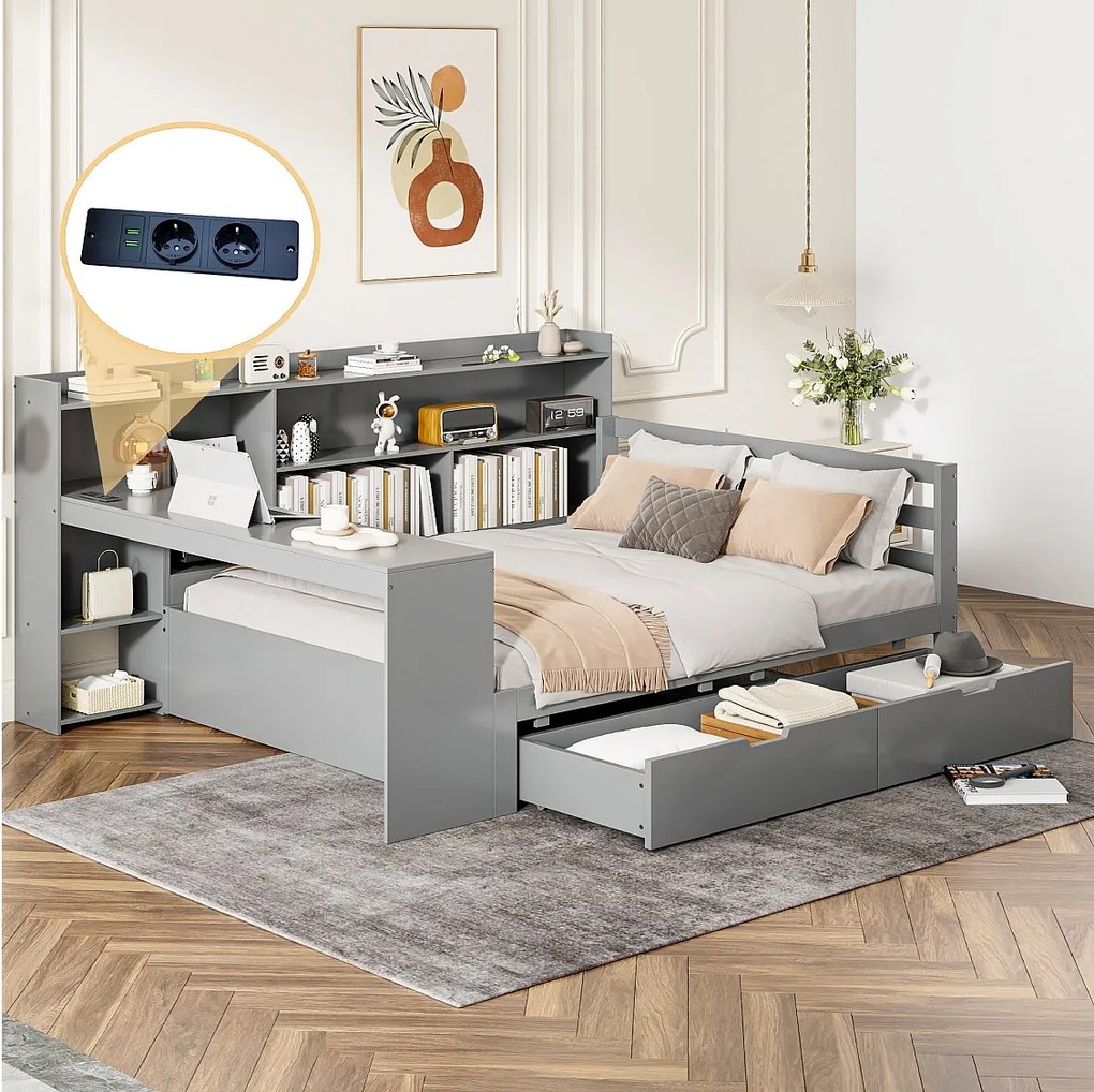 Łóżko 140 x 200 cm z wezgłowiem i 2 szufladami - biurko, przegródki i porty USB - Sosna + sklejka + MDF - Szare