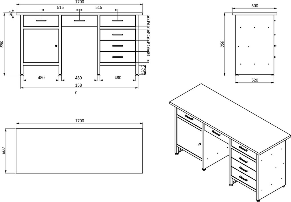 Szeroki stół warsztatowy z szafką i szufladami Frank antracytowo-czerwony