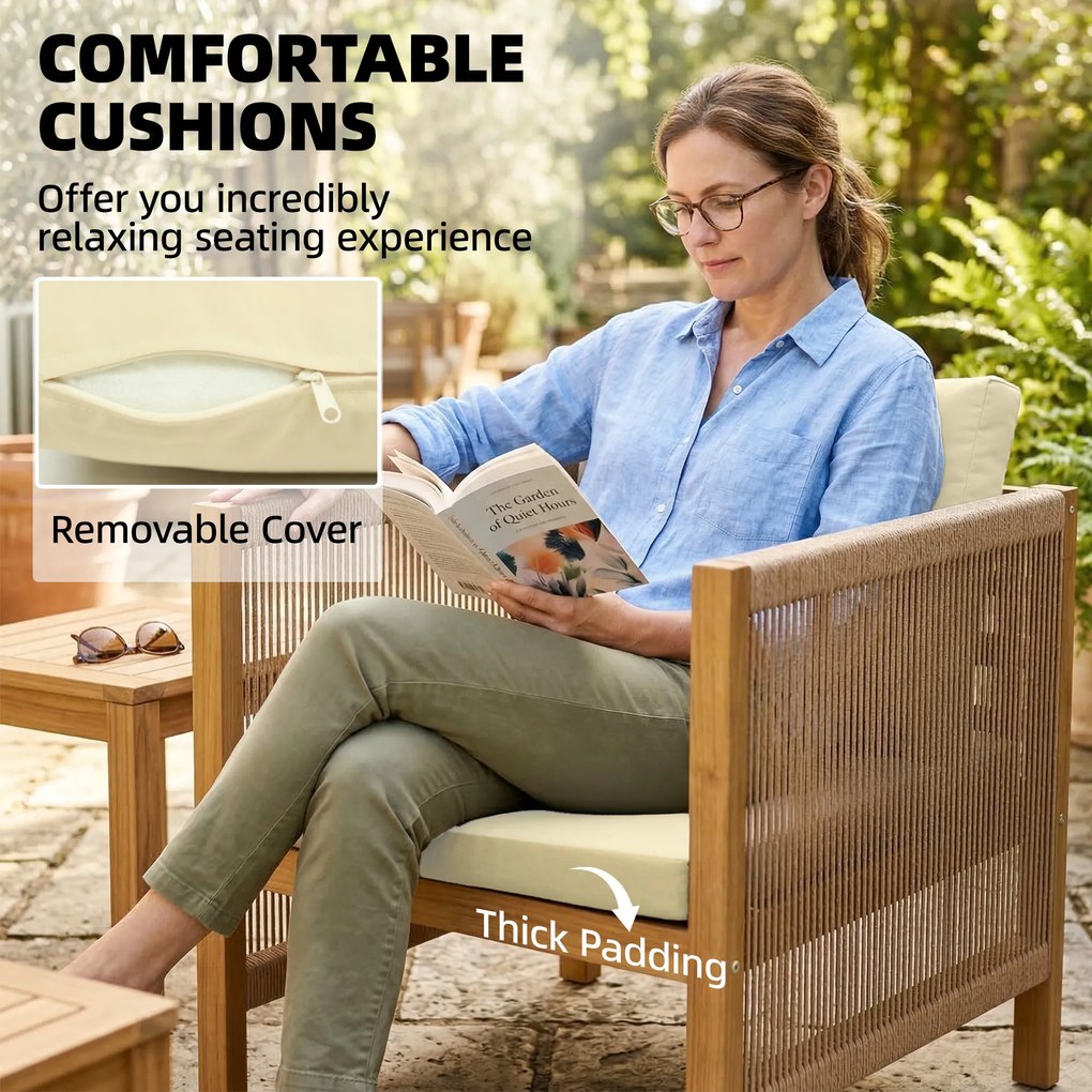 Outsunny Zestaw mebli ogrodowych z drewna dla 4 osób – kanapa, 2 fotele, stolik, dekoracja z lin, lamelowe wykończenie, zdejmowane poduszki | Aosom PL