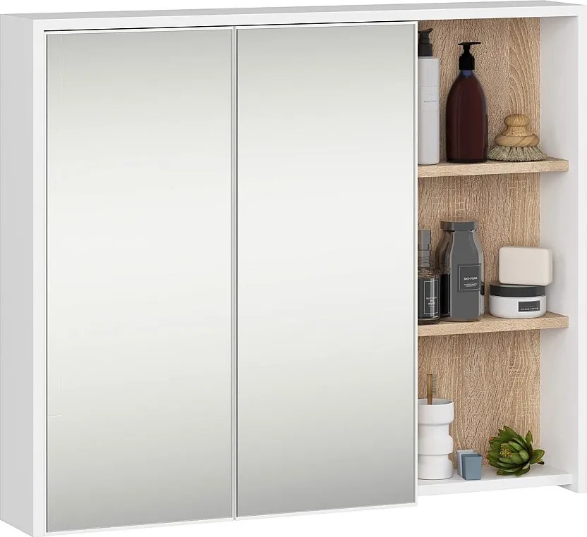 Szafka łazienkowa wisząca z lustrem AKORD VAMI Biała, Dąb Sonoma 90 cm 2 drzwi 6 półek 90x75x15 cm