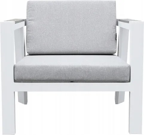 Zestaw mebli ogrodowych biały aluminium sofa fotele stolik drewniane detale