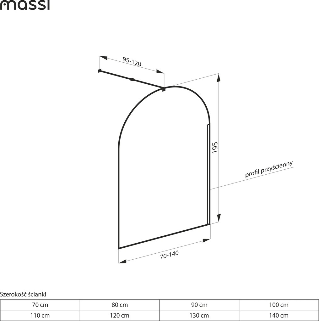 Ścianka prysznicowa WALK IN FIX przezroczysta półokrągła 8mm MOLIS CLEAR OVAL MASSI | rożne rozmiary : Kolor profili kabiny - złoty szczotkowany, Szerokość ścianki - 70 cm, Typ montażu - WALK in FIX (Do ściany)