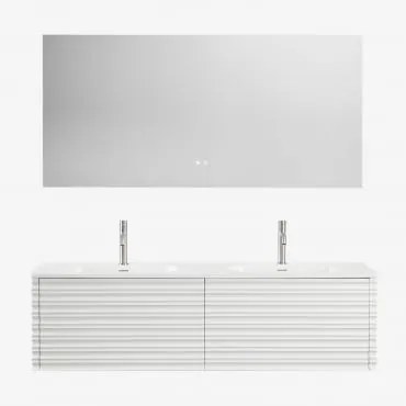 Zestaw Drewnianych Mebli Łazienkowych Noura Ze Zintegrowanymi Umywalkami Biała & Prostokątny Led I Przeciwmgielny 160x75 Cm Jorvi & - Sklum