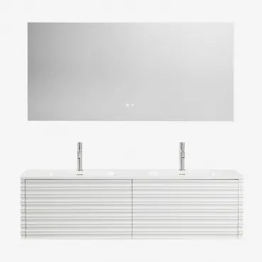 Zestaw Wiszących Mebli Łazienkowych 160x50 Cm Z Drewna Z Wbudowanymi Umywalkami Noura Biała & Prostokątny Led I Przeciwmgielny 160x75 Cm Riben & 2 X S