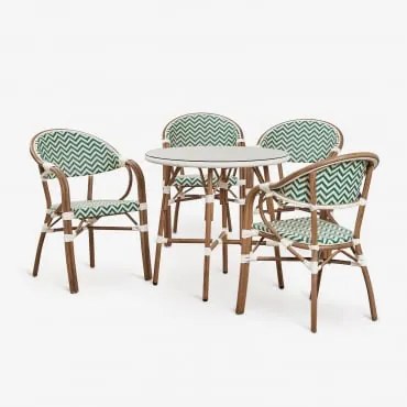 Zestaw Okrągłego Stołu Ø80 Cm I 4 Sztaplowanych Krzeseł Jadalnianych Z Podłokietnikami Z Aluminium Brielle Bistro Green - Gardenia Biel - Sklum