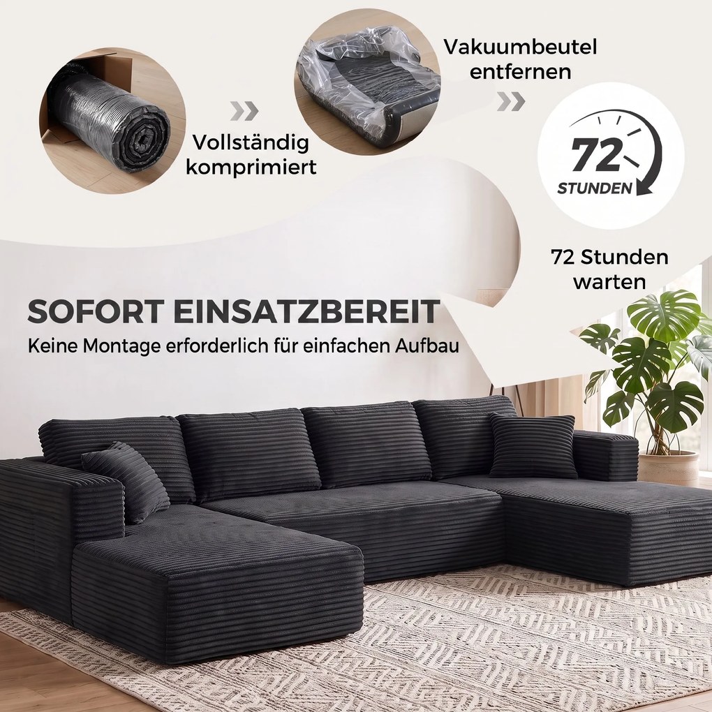 HOMCOM Modułowa sofa w kształcie U z 2 szezlongami, sztruksowa sofa rozkładana z pianką o wysokiej gęstości i sprężynowym wypełnieniem, Ciemnoszara | Aosom PL