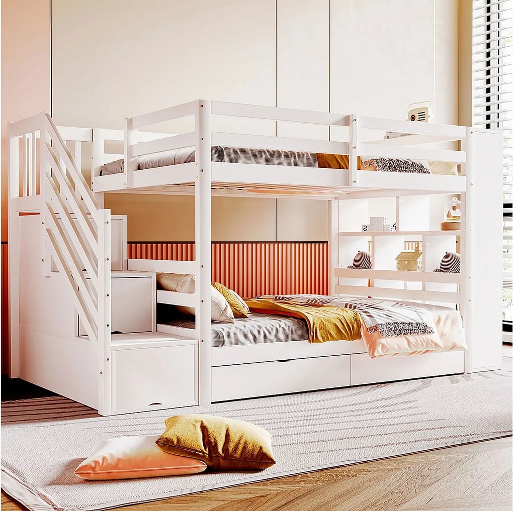 Łóżko piętrowe dla dzieci - 2 x 90 x 200 cm - z drabinką + 2 szuflady + duże schowki - drewno - białe