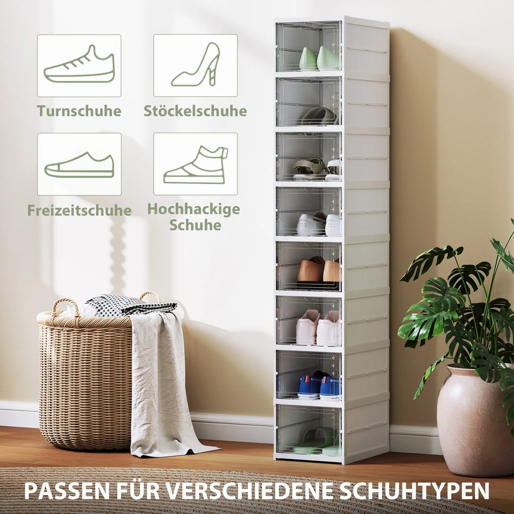 HOMCOM Regał na Buty 8-Poziomowy, Składany, z Wentylowanym Tyłem, Plastikowy, Biały