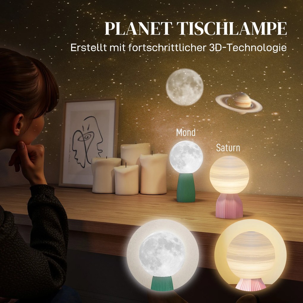 Zestaw lamp biurkowych HOMCOM w wyglądzie planetarnym, 3 kolory, USB, tworzywo, Biały