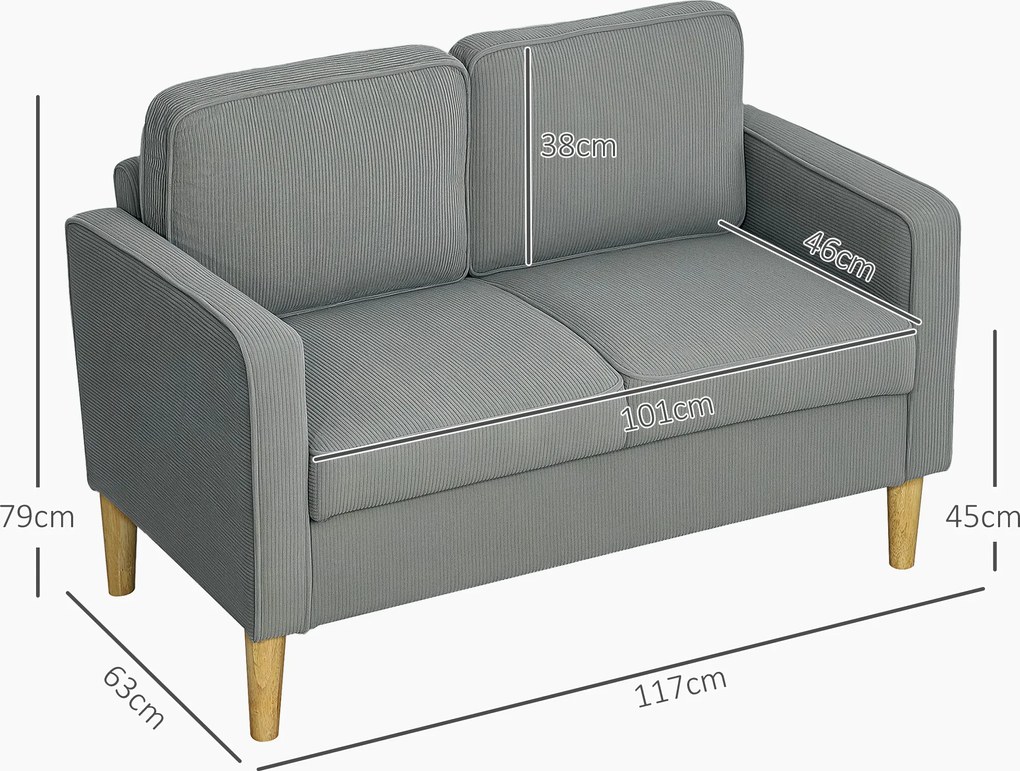 HOMCOM Dwuosobowa sofa z miejscem do przechowywania i solidnymi drewnianymi nogami, do salonu, sypialni, 117 x 63 x 79 cm, Jasnoszary