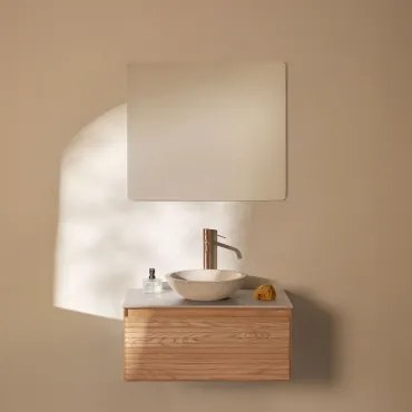 Zestaw Wiszących Mebli Łazienkowych Z Drewna Jesionowego Tedrik Popielaty Brąz & Cement Okrągły - Sklum