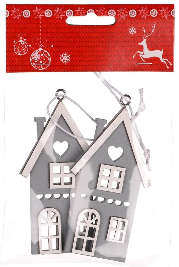 Domek drewniany wiszący, szary, wys. 9 cm, 4 szt.