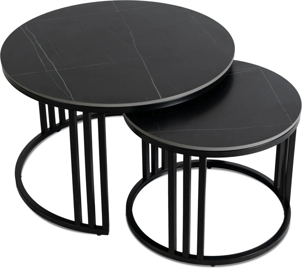 Zestaw Stolików Kawowych JERRY Czarny Marmur/Czarny do Salonu Nowoczesny