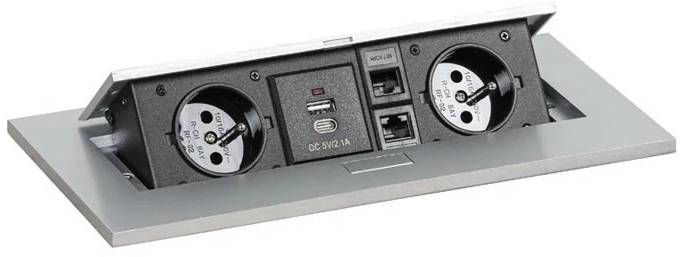 Stół konferencyjny PRIMO SQUARE, 180x80 cm, orzech + 2x port blatowy TYP II, srebrny