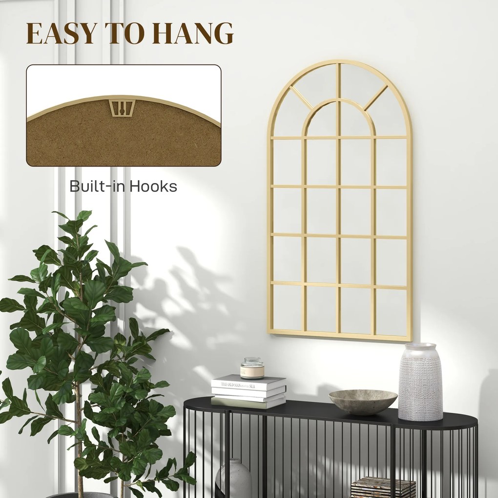 HOMCOM Lustro ścienna, design okienny, korytarzowe, metalowa rama, 110 x 62 cm, Złoto