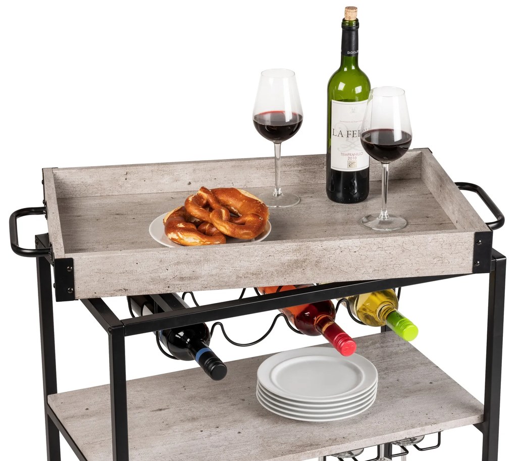 Wózek kuchenny RUSTICO, trójpoziomowy regał na kółkach z uchwytami na butelki i kieliszki - 80 x 89,5 x 40 cm, WENKO