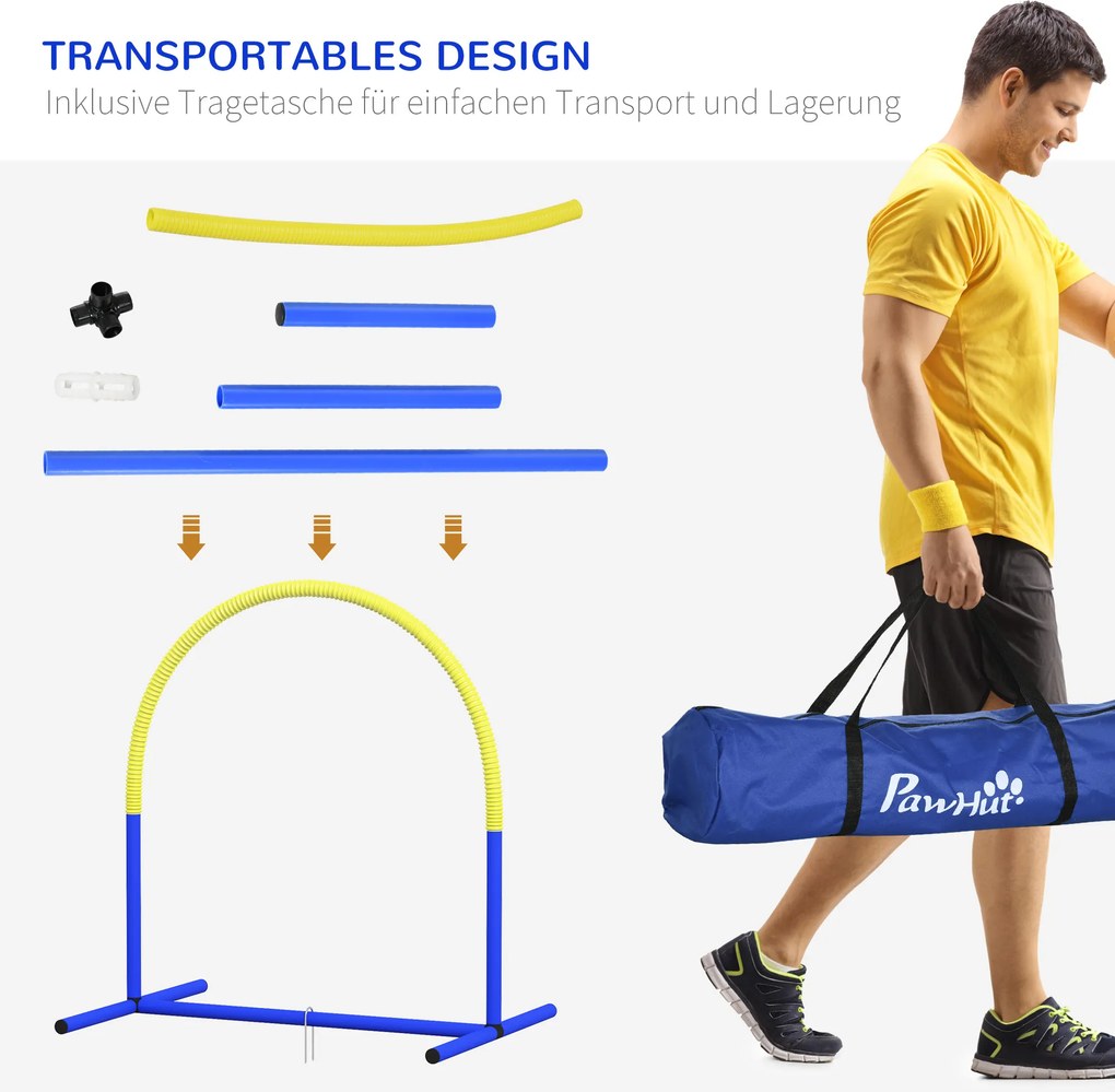 Zestaw Agility PawHut dla Psów, Trening dla Początkujących, 4 Łuki, z Torbą Transportową, Niebiesko-Żółty, 88 x 64 x 95 cm
