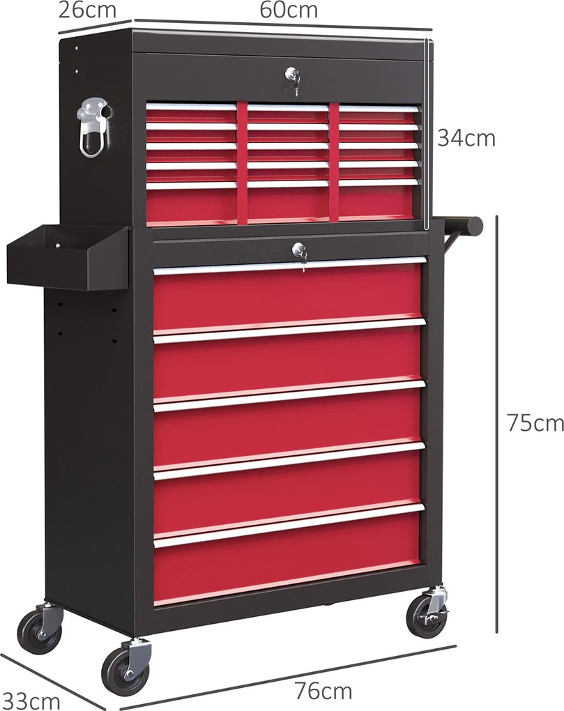 HOMCOM Wózek narzędziowy, dwuczęściowy, zamykany, z 14 szufladami, perforowaną ścianą, stal, Czerwony