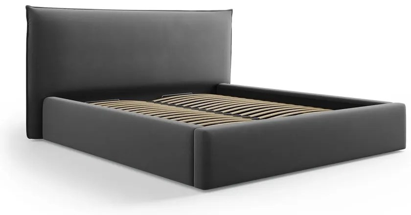 Ciemnoszare tapicerowane łóżko dwuosobowe ze schowkiem i stelażem 160x200 cm Elio – Milo Casa