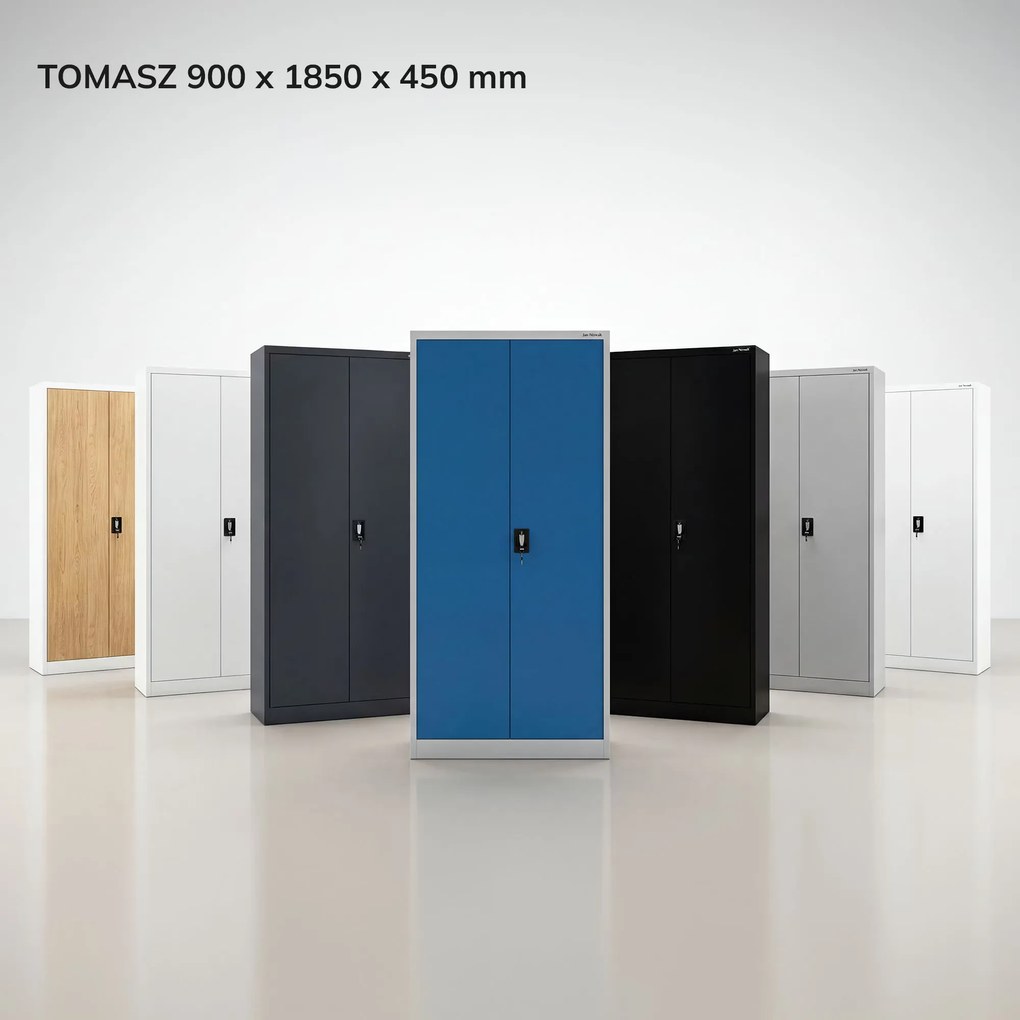 Szafa metalowa ze schowkiem szaro-niebieska: TOMASZ, 900 x 1850 x 450 mm