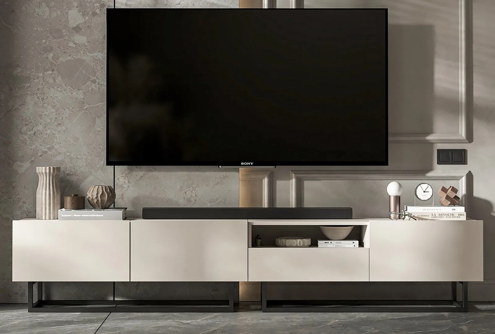 Podwójna szafka RTV Enjoy 240 cm z półką i szufladą, na płozach, kaszmir mat