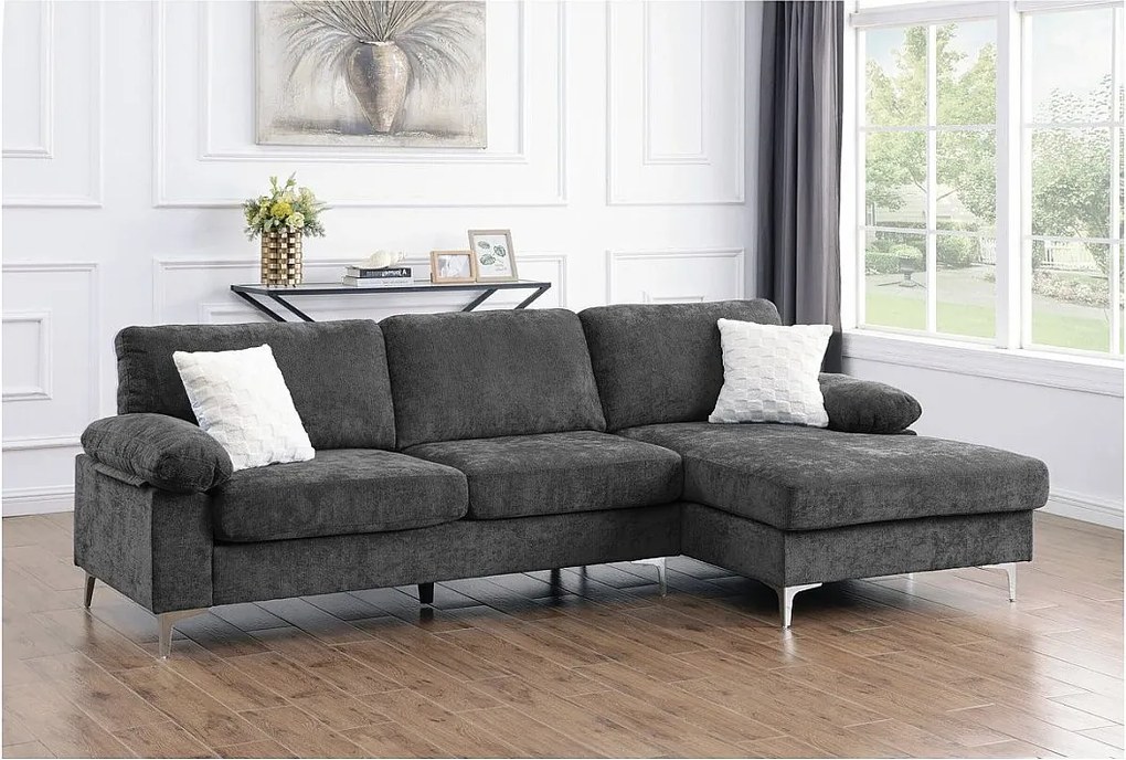 Sofa narożny prawostronny 3-osobowy "Jade" z szarej tkaniny chenille, nowoczesny design i przestronne siedzisko
