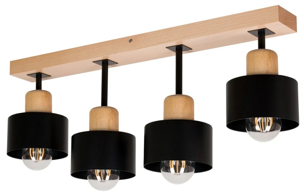 Czarna lampa sufitowa, czteropunktowy spot DSC60x7BU z drewna i metalu